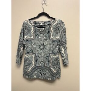 Charter Club Shirt Womens Med Multicolor Paisley Boat Neck 3/4 Sleeve Green